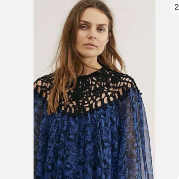 Free People Faded Daisy Frock Dress Macrame Chiffon Cobalt. Size XS. - Picture 3 of 9